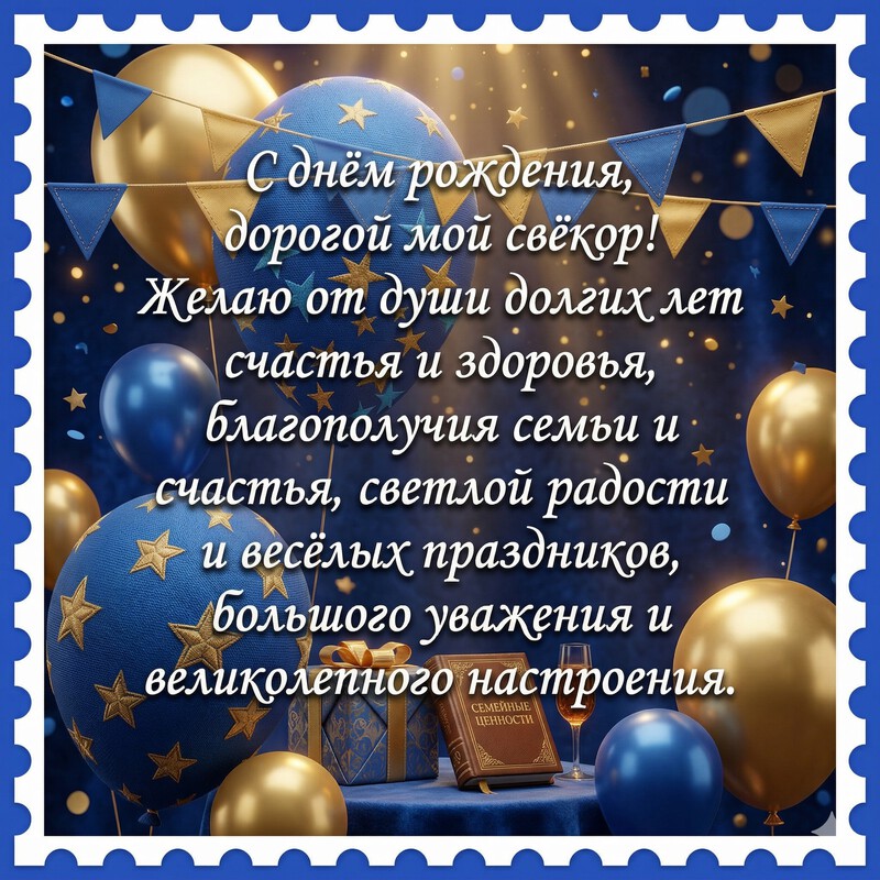Открытка с днем рождения свекру с пожеланиями и воздушными шарами