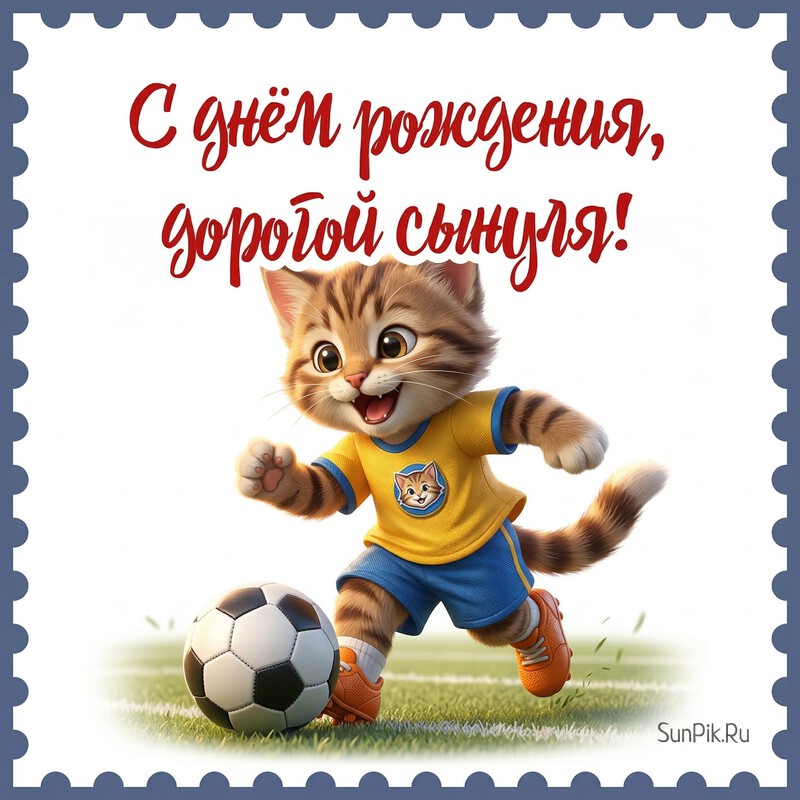 Открытка с днём рождения сынули с котёнком-футболистом