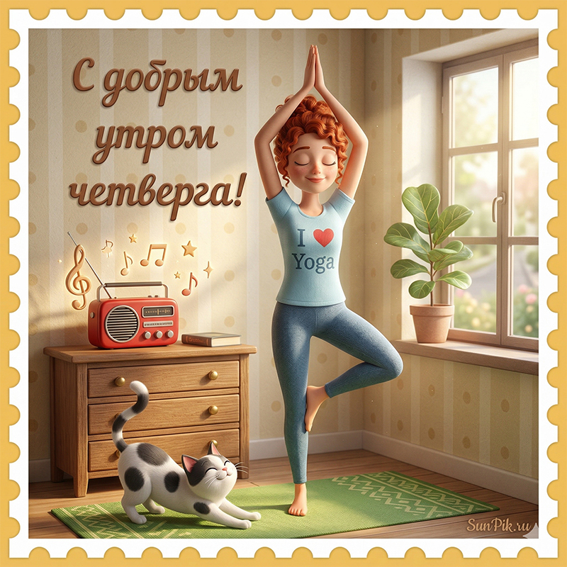 Открытка с добрым утром четверга! Открытка с добрым утром четверга девушка йог с кошкой.