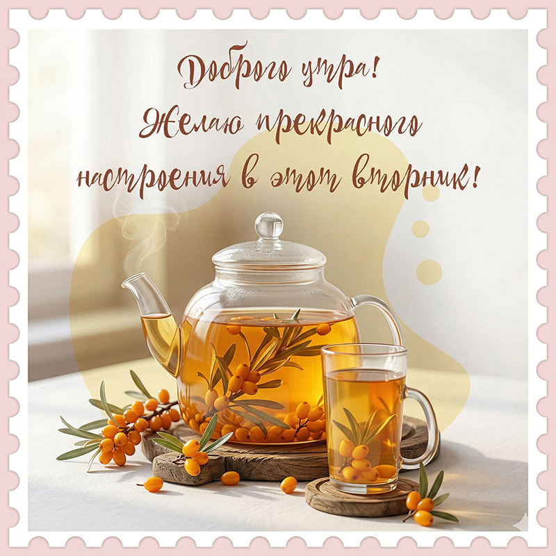 Открытка с добрым утром вторника! Открытка с добрым утром вторника с пожеланиями и чайник с облепиховым чаем.
