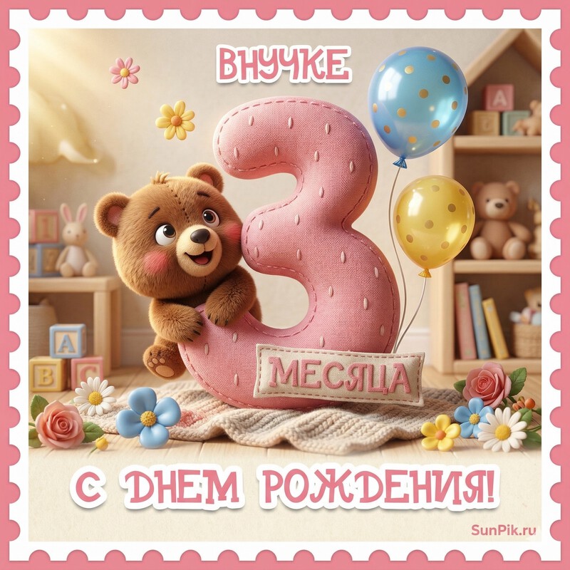 Открытка внучке 3 месяца Открытка с медвежонком внучке на 3 месяца