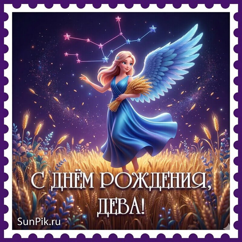 Открытка с днём рождения, дева! Открытка женщине с днем рождения дева с ангелом на поле с пшеницей