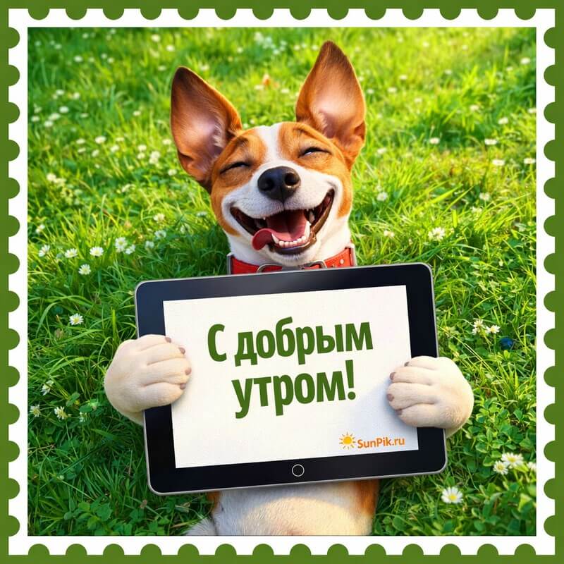 Прикольная картинка с добрым утром с собакой на газоне