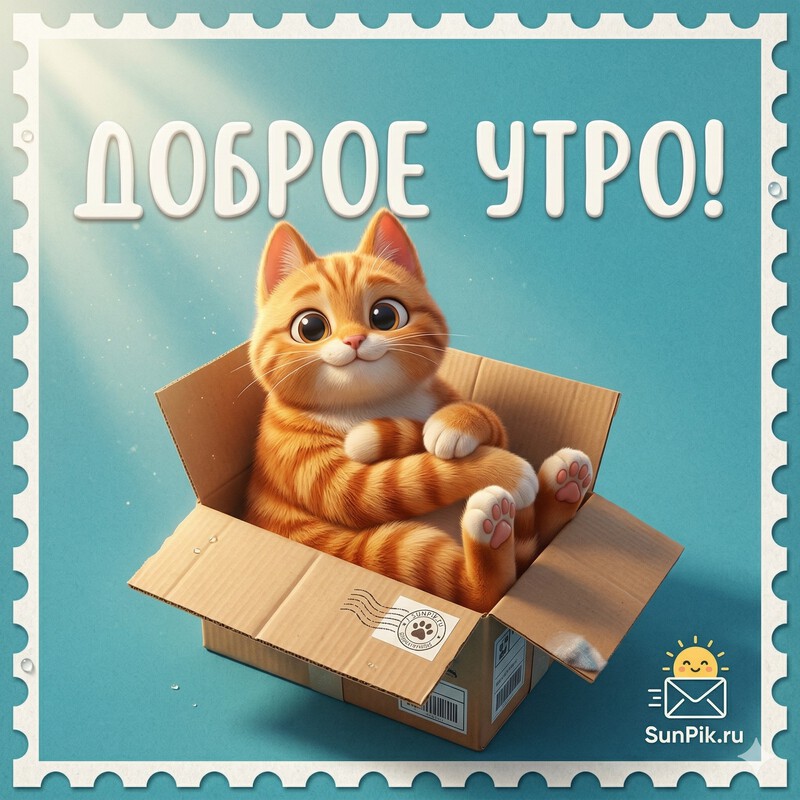 Прикольная открытка доброе утро с кошкой в коробке