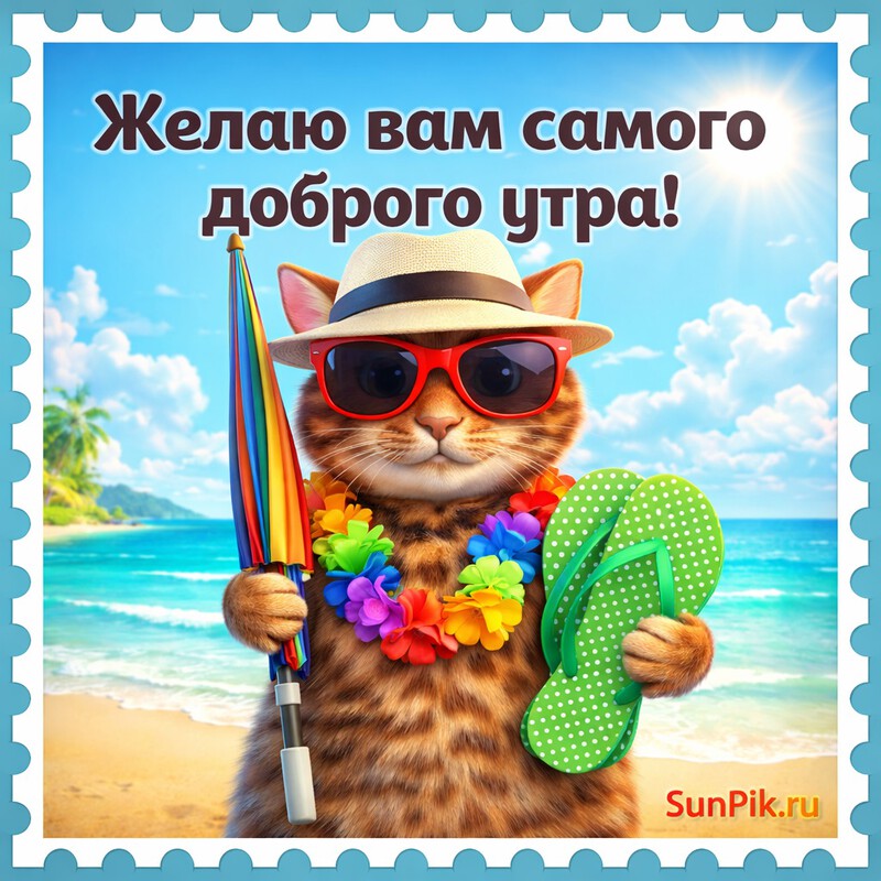 Прикольная открытка с пожеланиями доброго утра и котом на пляже
