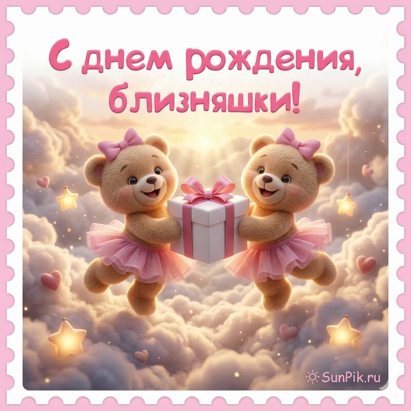 Картинка с днем рождения близняшек с двумя плюшевыми медведями