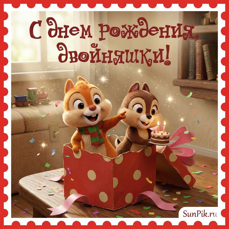 Открытка с днем рождения двойняшки с двумя белками в подарочной коробке