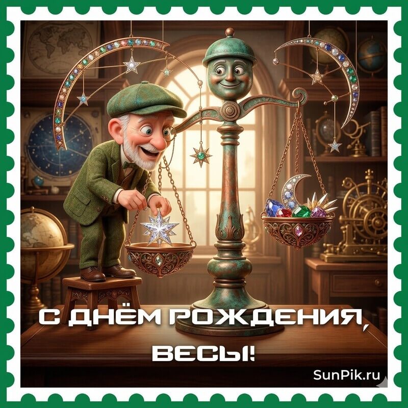 Открытка с днем рождения весы: мужчина взвешивает звёзды