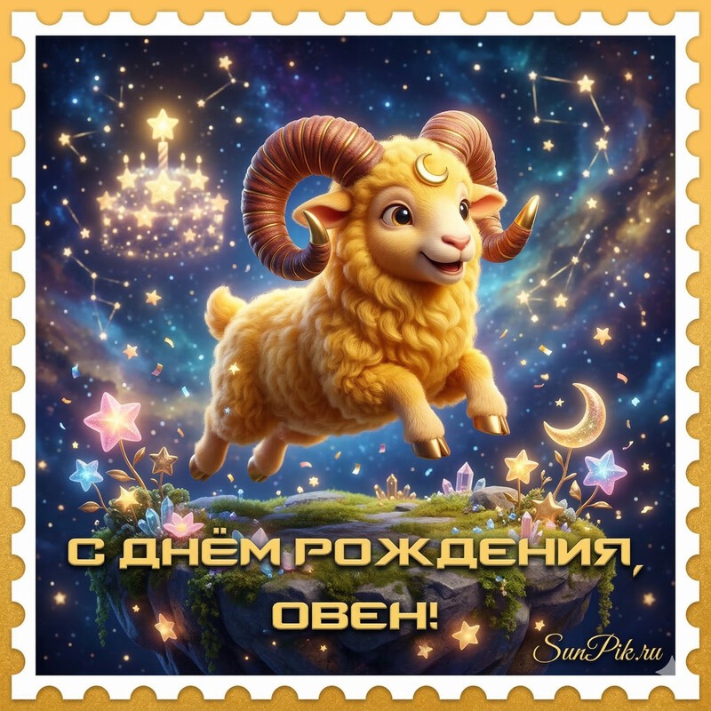 Мужская открытка с днём рождения, овен! Открытка мужчине с надписью с днем рождения, овен и жёлтым бараном на фоне неба с созвездиями