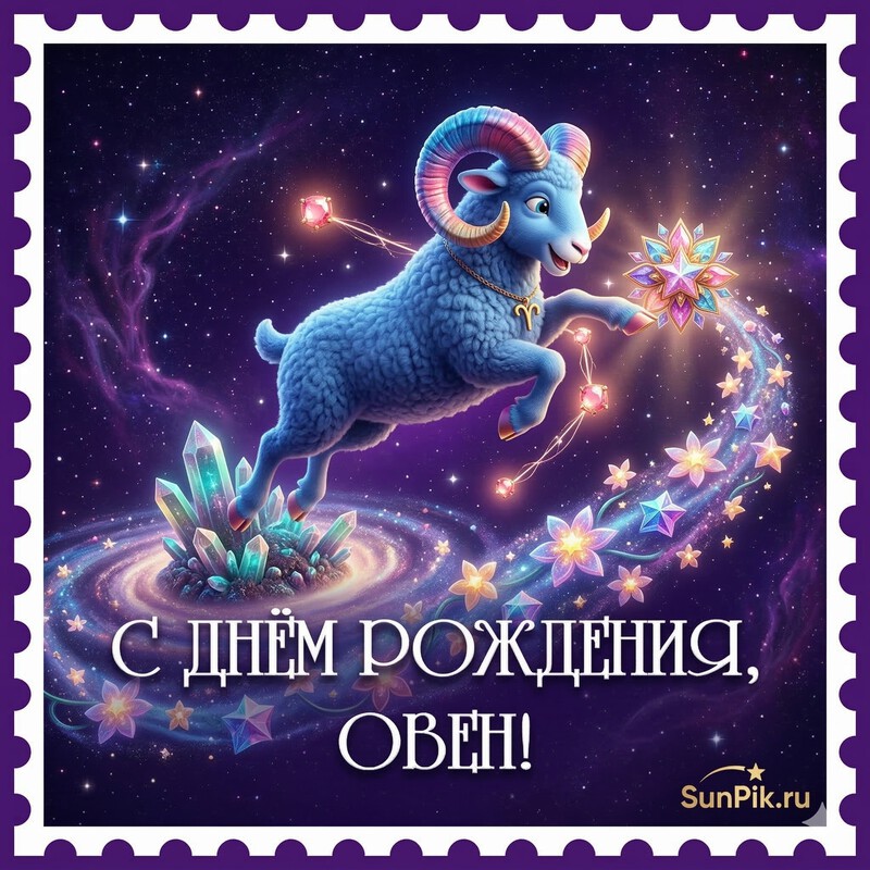 Открытка для женщин Фиолетовая открытка с днем рождения женщине овну с голубым бараном