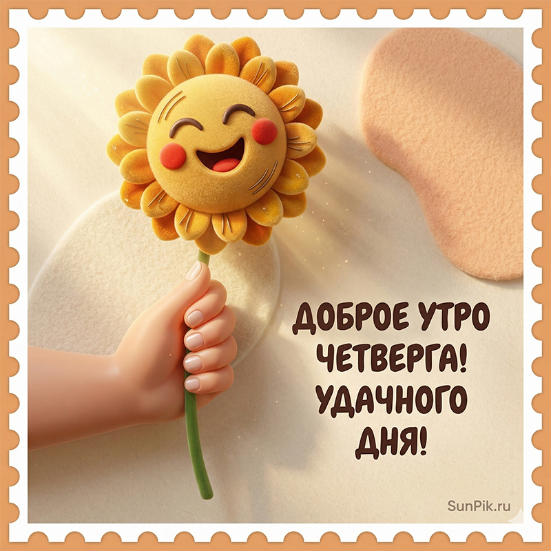 Открытка доброе утро четверга, удачного дня! Картинка доброе утро четверга, удачного дня с улыбающимся цветком.