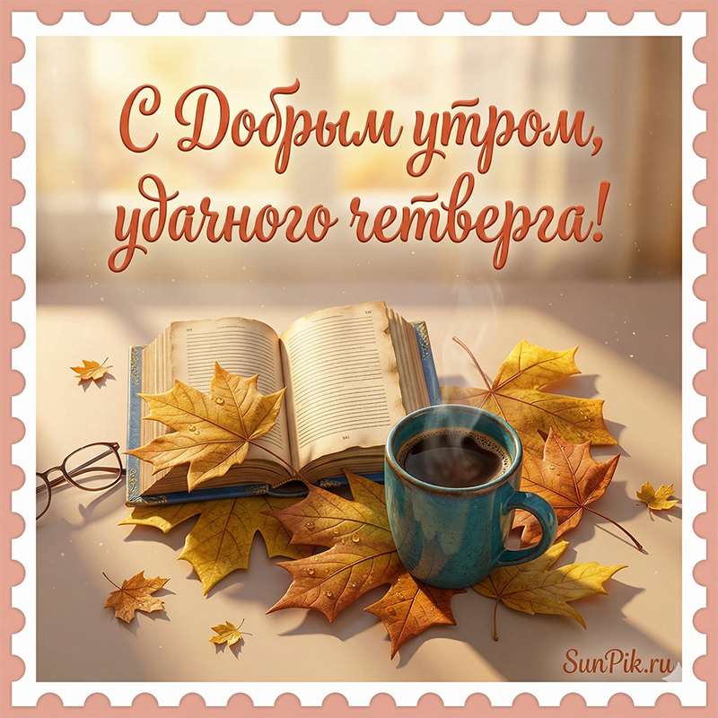 Открытка с добрым утром, удачного четверга! Открытка с добрым утром, удачного четверга осенние листья и чашка чая.