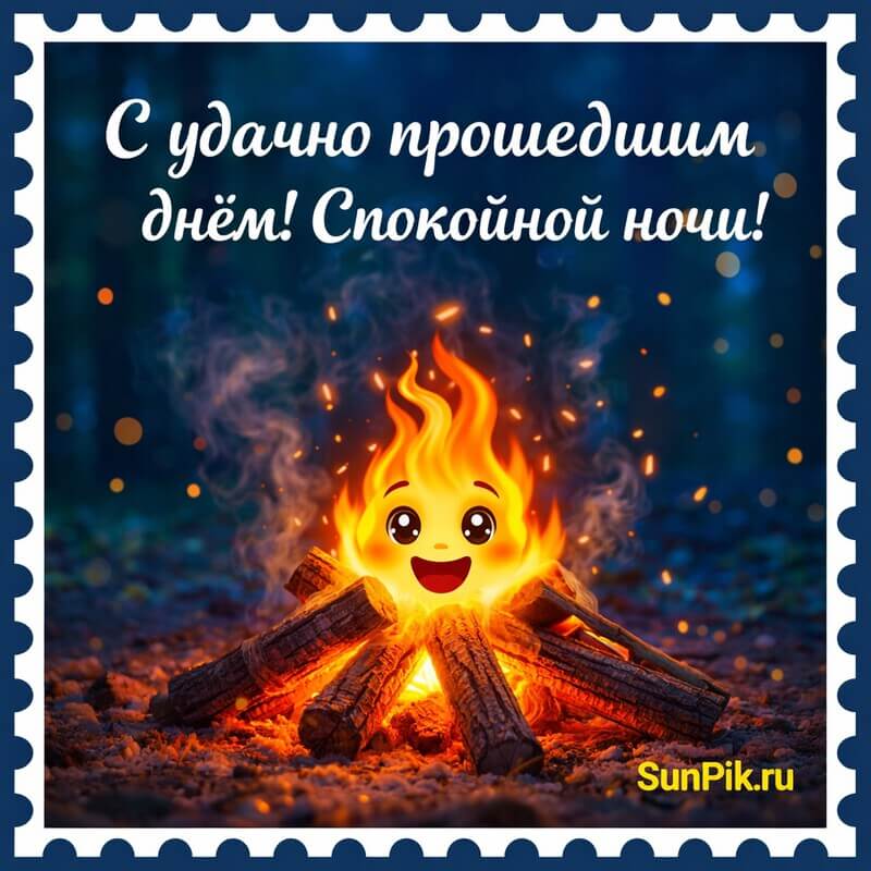 Картинка с улыбающимся костром и надписью С удачно прошедшим днем, спокойной ночи!