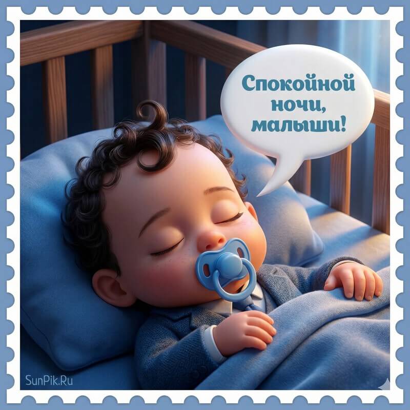 Смешная картинка со спящим ребёнком и надписью спокойной ночи, малыши!