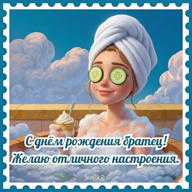 Смешная открытка с девушкой и надписью: с днем рождения братец, желаю отличного настроения