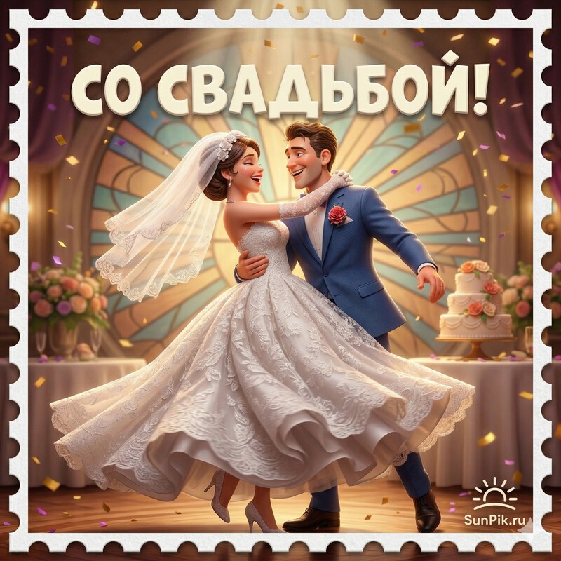 Открытка жених и невеста Картинка жених и невеста танцуют на свадьбе