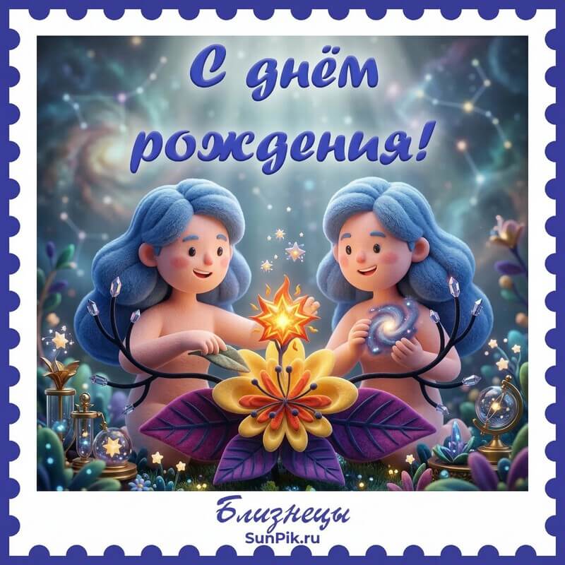С днем рождения, близнецы! Открытка с днем рождения Близнецам по гороскопу с двумя девушками
