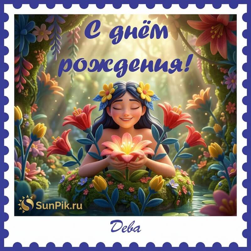 Открытка с днем рождения знак зодиака Дева Яркая открытка с рисунком улыбающейся женщины и текстом с днем рождения дева!