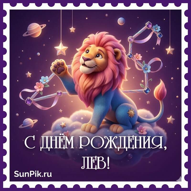 Открытка женщине-лев на день рождения Фиолетовая открытка с днем рождения женщине льву по гороскопу