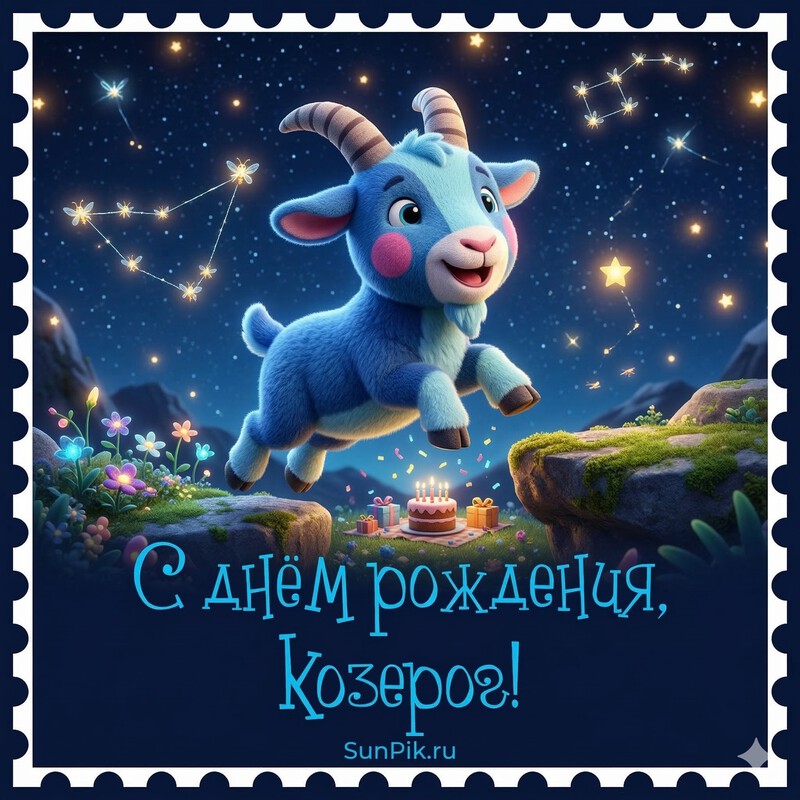 Детская открытка с днём рождения, козерог! Детская открытка с днём рождения, козерог с прыгающим козликом