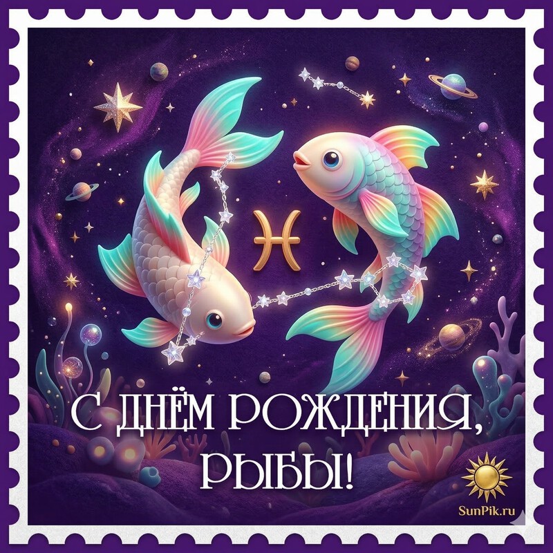 Фиолетовая открытка с днем рождения женщине рыбе по гороскопу с зодиакальным знаком