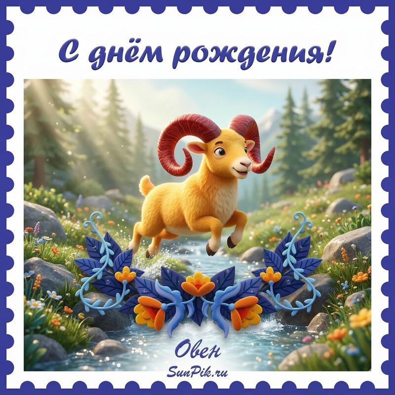 С днем рождения, Овен! Открытка с днем рождения с прыгающим через реку бараном для знака зодиака овен