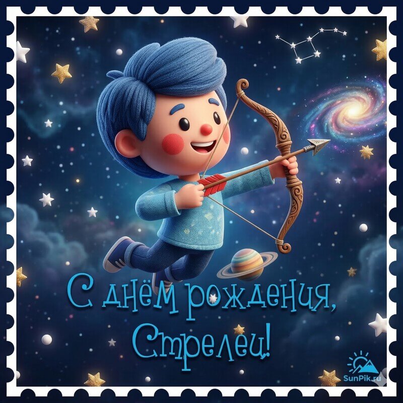 Детская открытка с днем рождения ребенка стрельца мальчик с луком