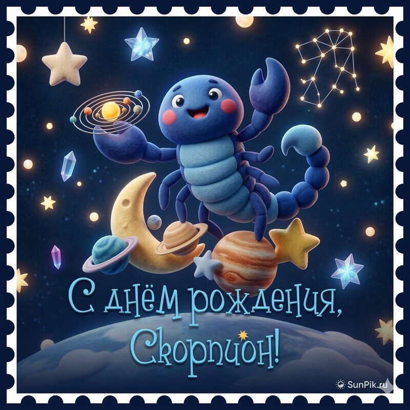 Детская открытка с днём рождения, скорпион! Открытка с днем рождения ребенку веселый скорпион