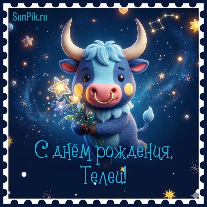 Открытка с днём рождения, телец! Синяя открытка с днем рождения тельцу ребенку с изображением теленка с цветами
