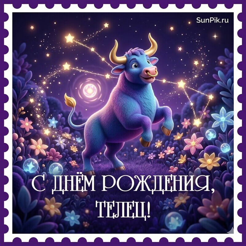 Открытка с днём рождения, телец! Открытка с днем рождения женщине тельцу с голубым быком и цветами