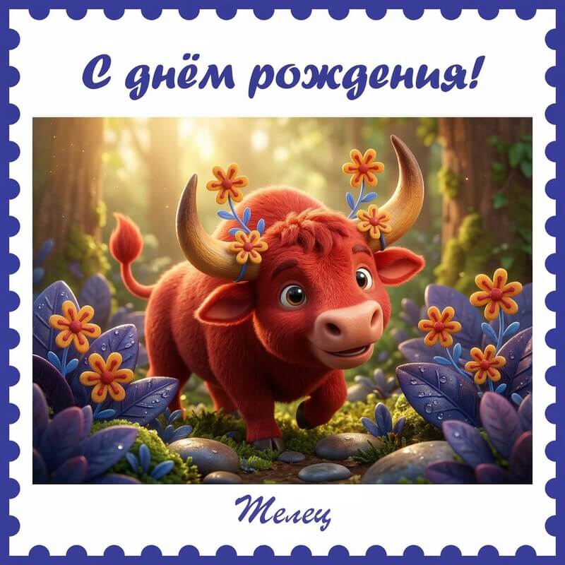 Открытка телец с днем рождения с красным быком