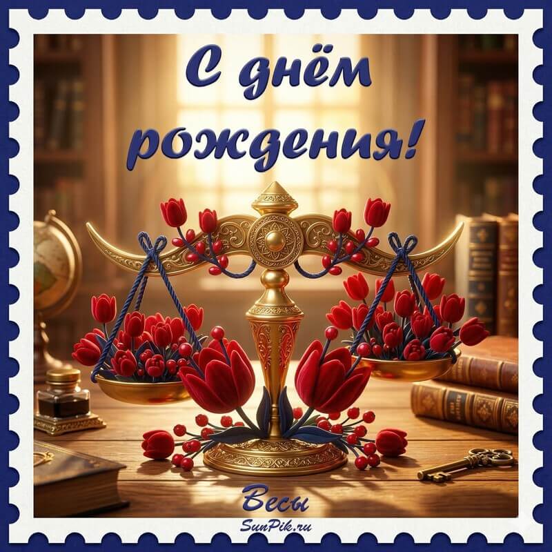 С днём рождения, Весы! Открытка с днем рождения золотые весы с красными тюльпанами