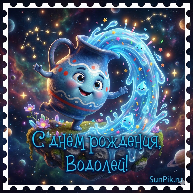 Открытка ребенку водолею на день рождения с весёлым кувшином