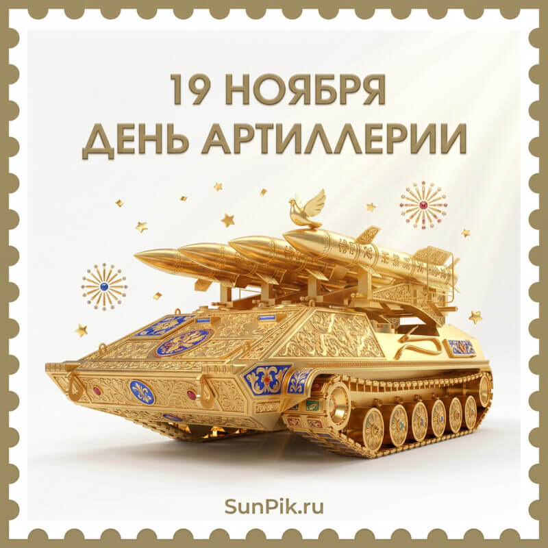 Открытка с днем ракетчика с золотой ракетной установкой