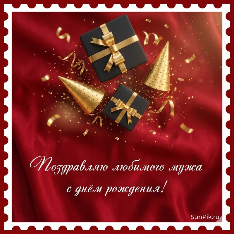 Красная открытка с днем рождения любимому мужу с чёрным подарком