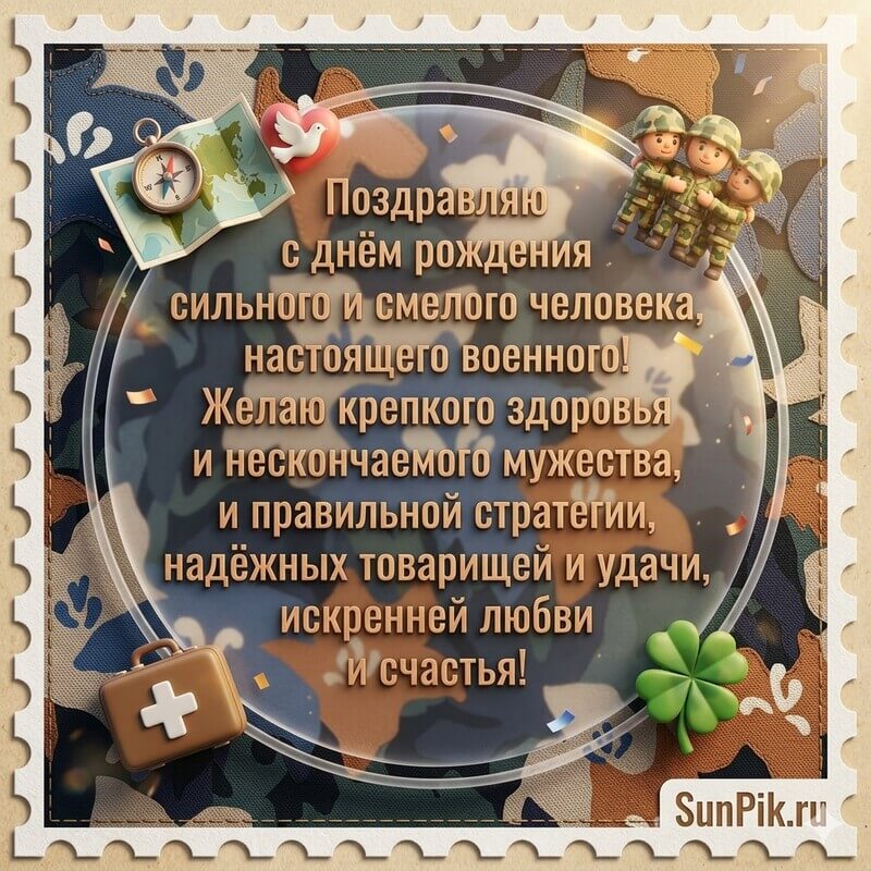 Картинка с камуфляжем и текстом поздравления с днем рождения военному