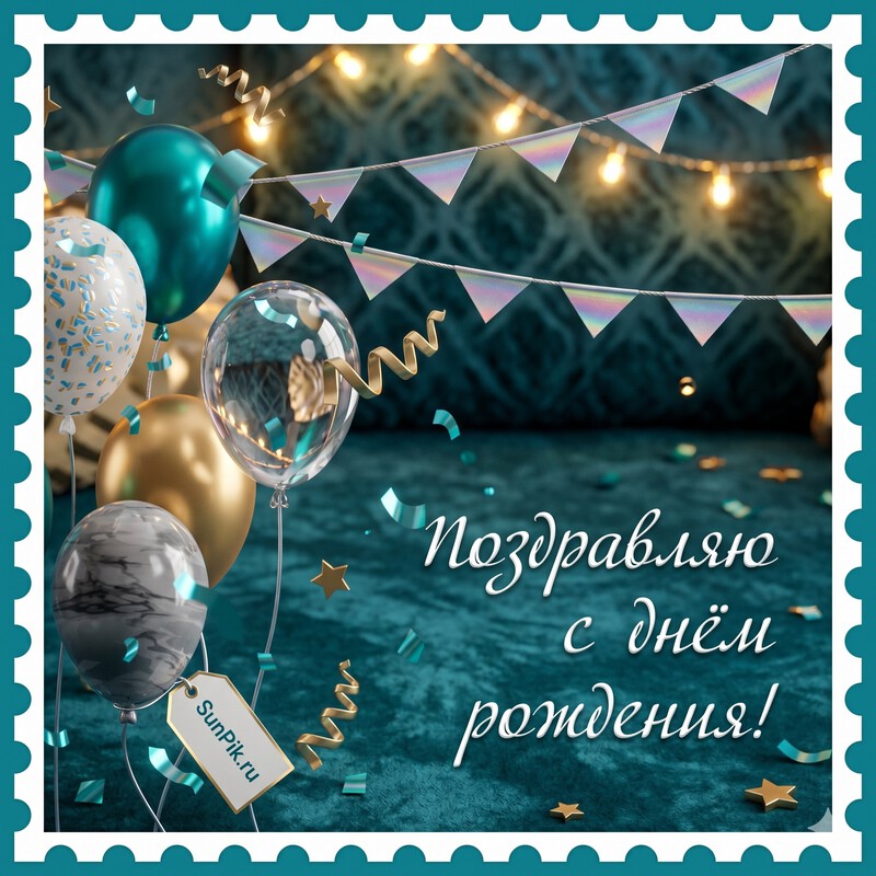 Зелёная открытка мужчине с воздушными шарами и текстом поздравляю с днем рождения!