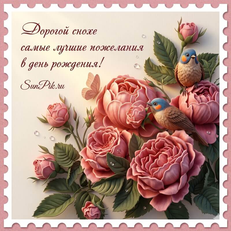 Открытка с днем рождения снохе с цветами и птицами