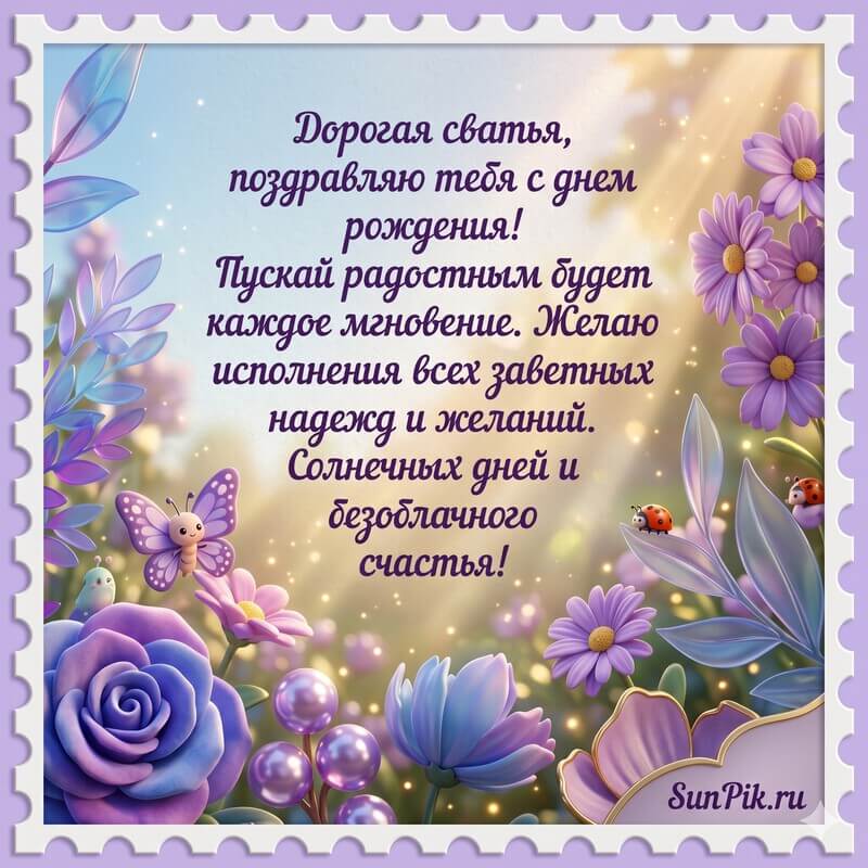 Сиреневая открытка с днем рождения сватье с поздравлением и цветами