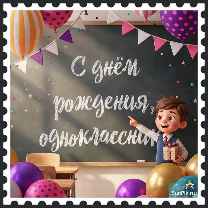 Картинка с надписью на классной доске: с днем рождения, одноклассник!