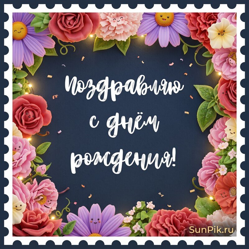 Открытка с днем рождения женщине яркие цветы на тёмном фоне