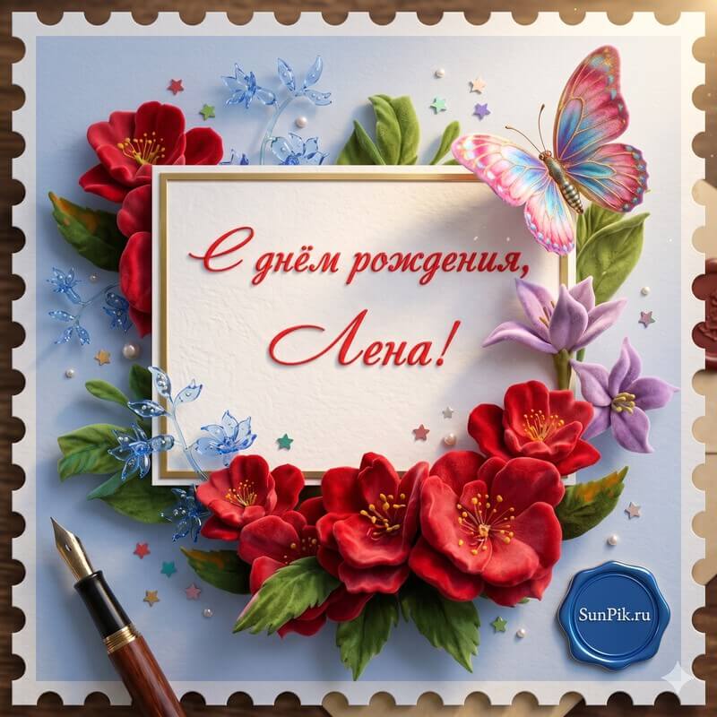 Открытка с розовыми цветами, бабочкой и текстом с днем рождения, Лена!