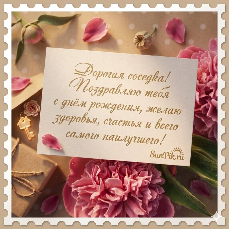 Поздравительная открытка соседке с днем рождения с розовыми цветами