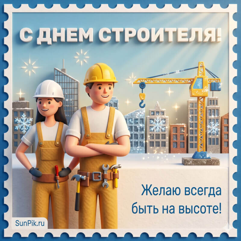 Открытка с днем строителя с башенным краном и мужчиной и женщиной в жёлтых касках