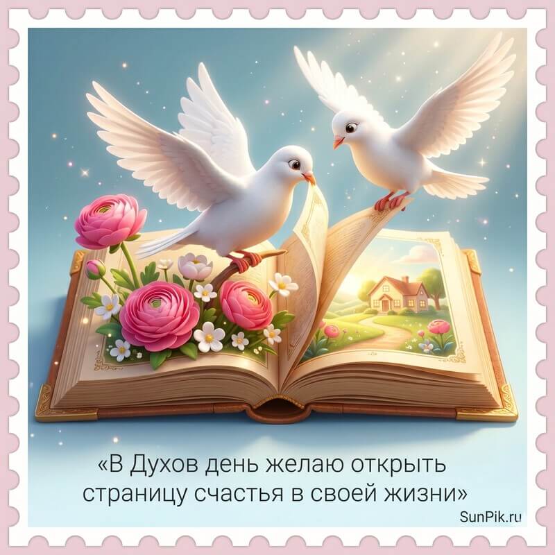 Картинка с пожеланием на Духов день и белыми голубями над книгой