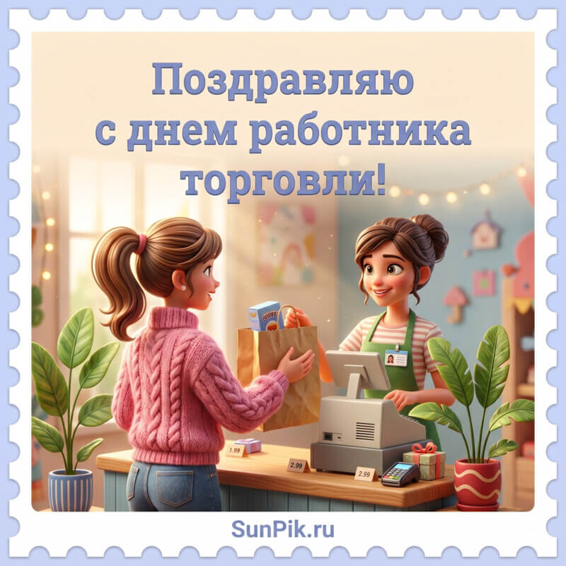 Картинка с надписью поздравляю с днем работника торговли и двумя девушками у прилавка магазина
