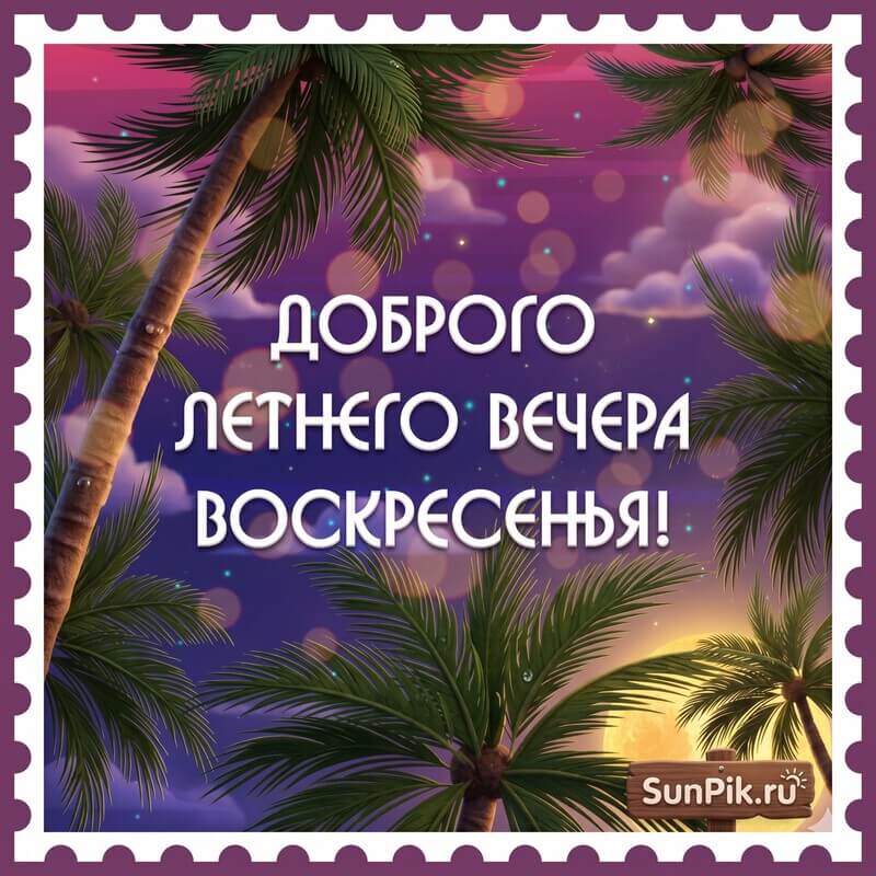 Картинка с надписью доброго летнего вечера воскресенья на фоне неба с пальмами