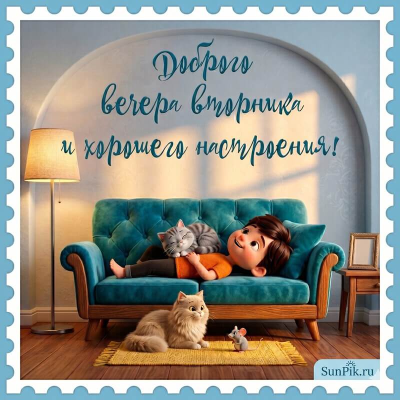 Картинка доброго вечера вторника и хорошего настроения мальчик с кошками лежит на диване