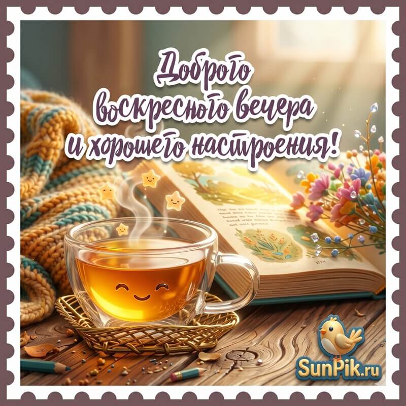 Картинка доброго воскресного вечера и хорошего настроения с чашкой чая и книгой