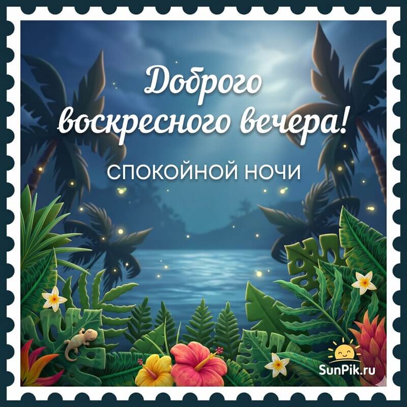 Картинка доброго воскресного вечера и спокойной ночи с тропическими цветами и пальмами